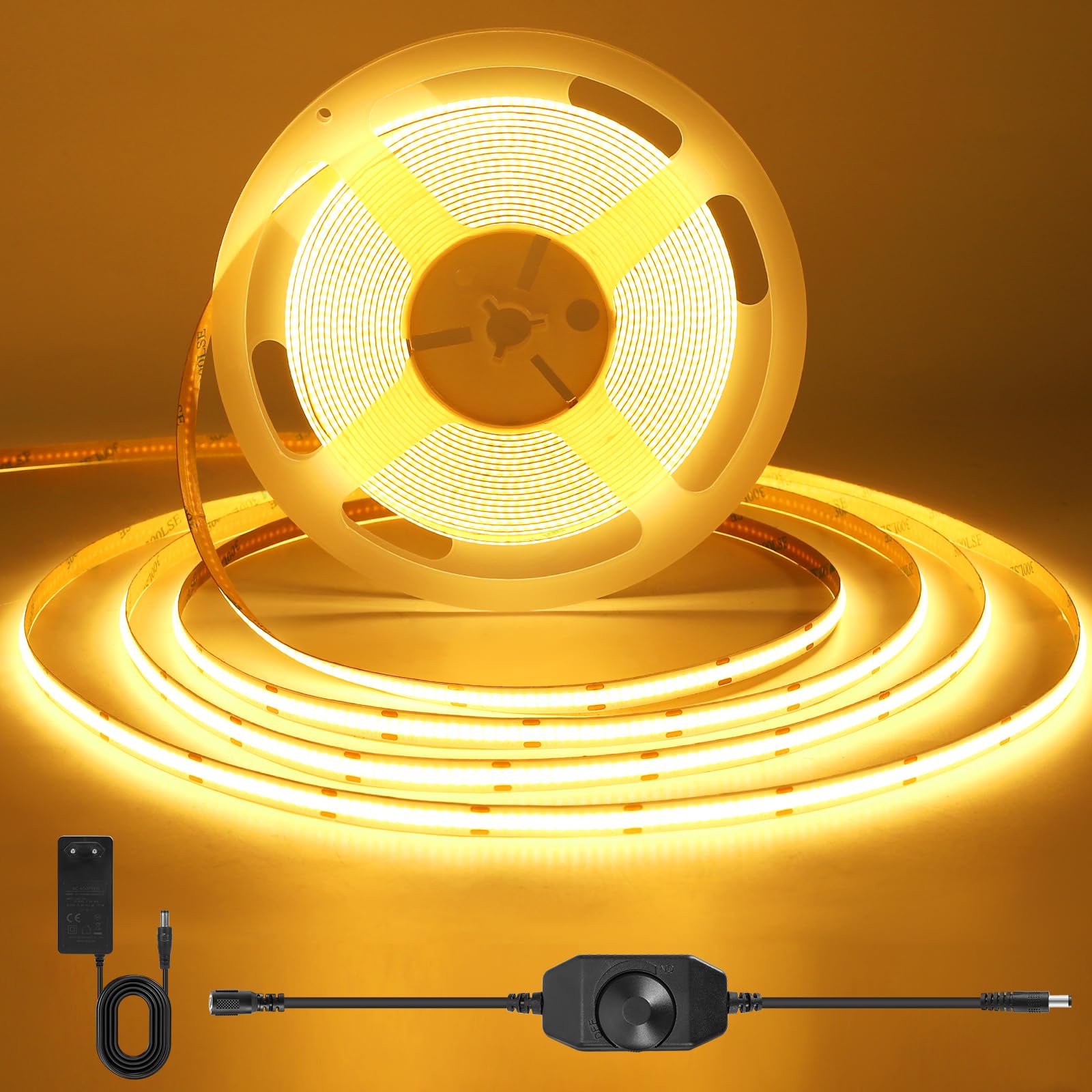 ACELUMO Ruban LED COB 5m, Ruban LED Blanc Chaud avec Smart App et Telecommande, Fonction Minuterie, Couleur Dynamique, Mode Musique pour Mural, TV, Cuisine Salon, 3000K