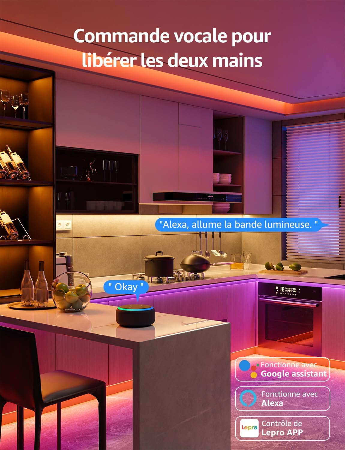 Lepro SE1 IA Ruban LED RGB Connecté WiFi 5M, Éclairage généré par IA LLM, Led Chambre Contrôlé par APP, Sync Musique, Compatible avec Alexa et Google Assistant