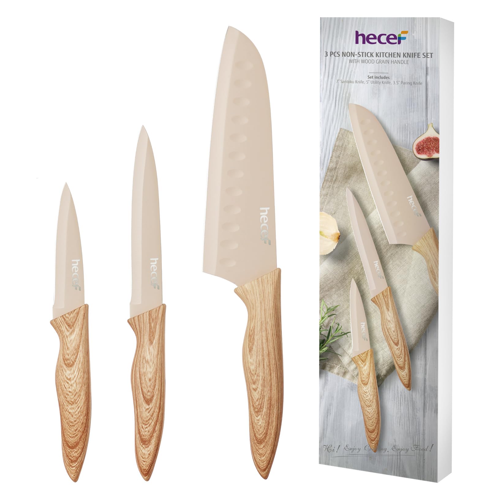 hecef Set de 3 Couteaux de Cuisine Professionnels en Acier Inoxydable – Set Couteau Cuisine inclure Couteau de Chef, Utilitaire, d’Office, Manche Ergonomique, Série Rétro