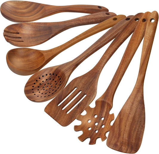 comfoyar Teck Ustensiles de Cuisine Bois, Set de 7 Cuillère en Bois pour la Cuisson avec Spatula et Ladle, Lot de Cuillere Ustensile Résistance à la chaleur Convient pour Poêles Antiadhésives
