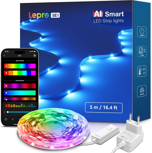 Lepro SE1 IA Ruban LED RGB Connecté WiFi 5M, Éclairage généré par IA LLM, Led Chambre Contrôlé par APP, Sync Musique, Compatible avec Alexa et Google Assistant