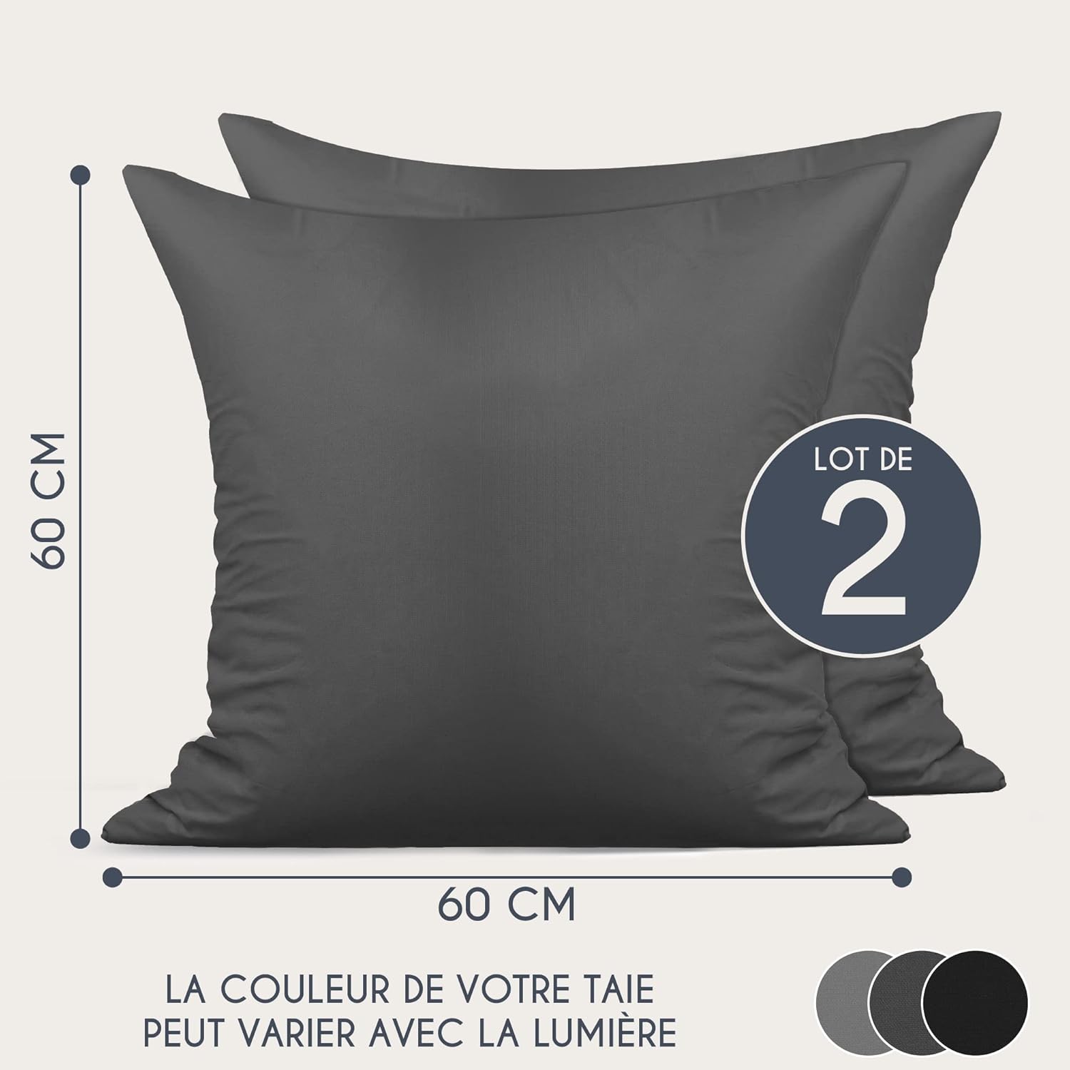 Taie Oreiller 60x60 Coton Renforcé (Set de 2) - Anthracite - Tissage serré de 57 Fils/cm² - Taie Oreiller 60 x 60 cm- Certifié Oeko Tex