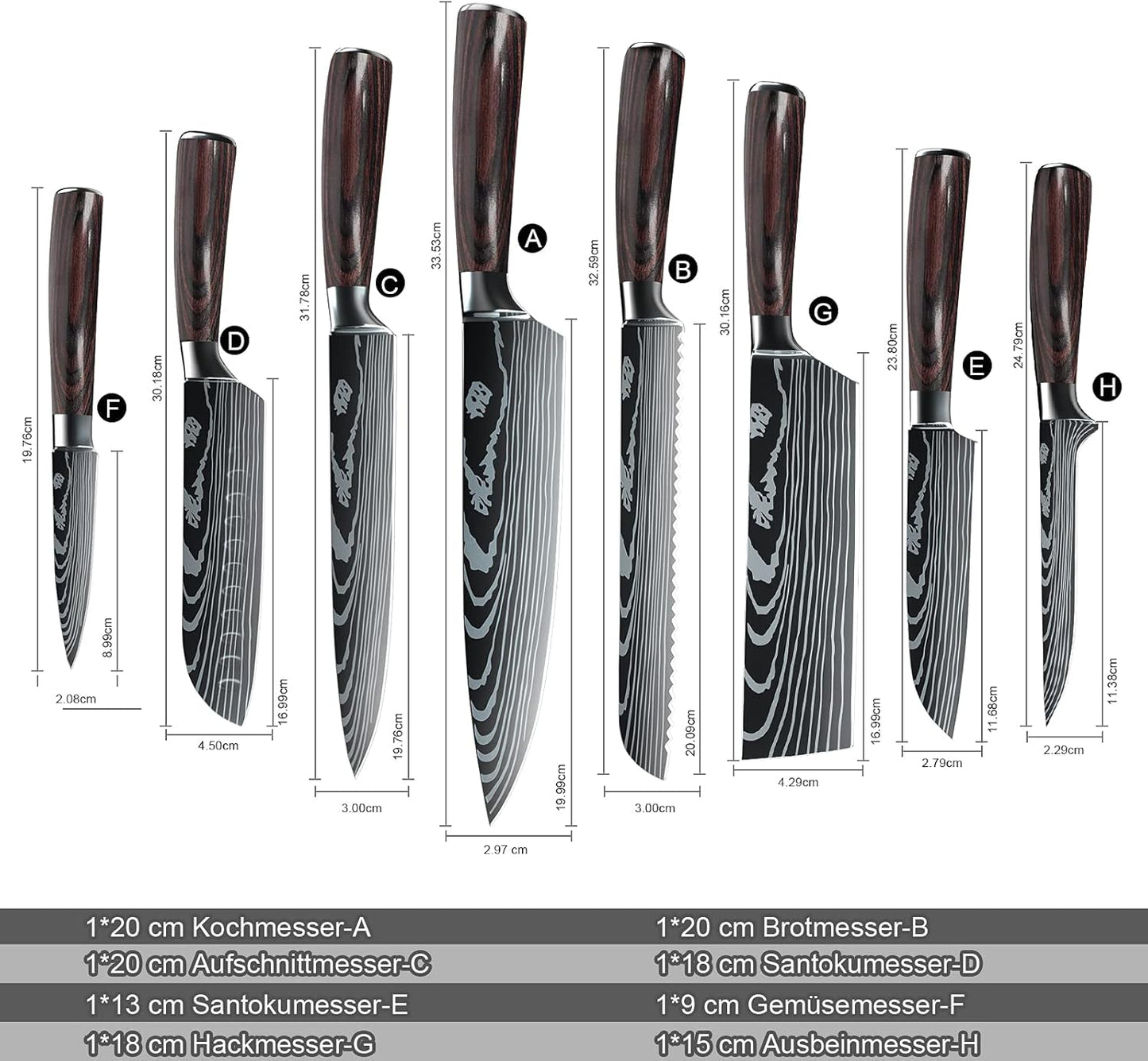 ZENG Couteau de Chef Couteau à Fileter Couteau Universel Couteau de Cuisine Tranchant en Acier Inoxydable Allemand Poignées Ergonomiques en Pakkawood pour la Maison et le Restaurant (8pcs)