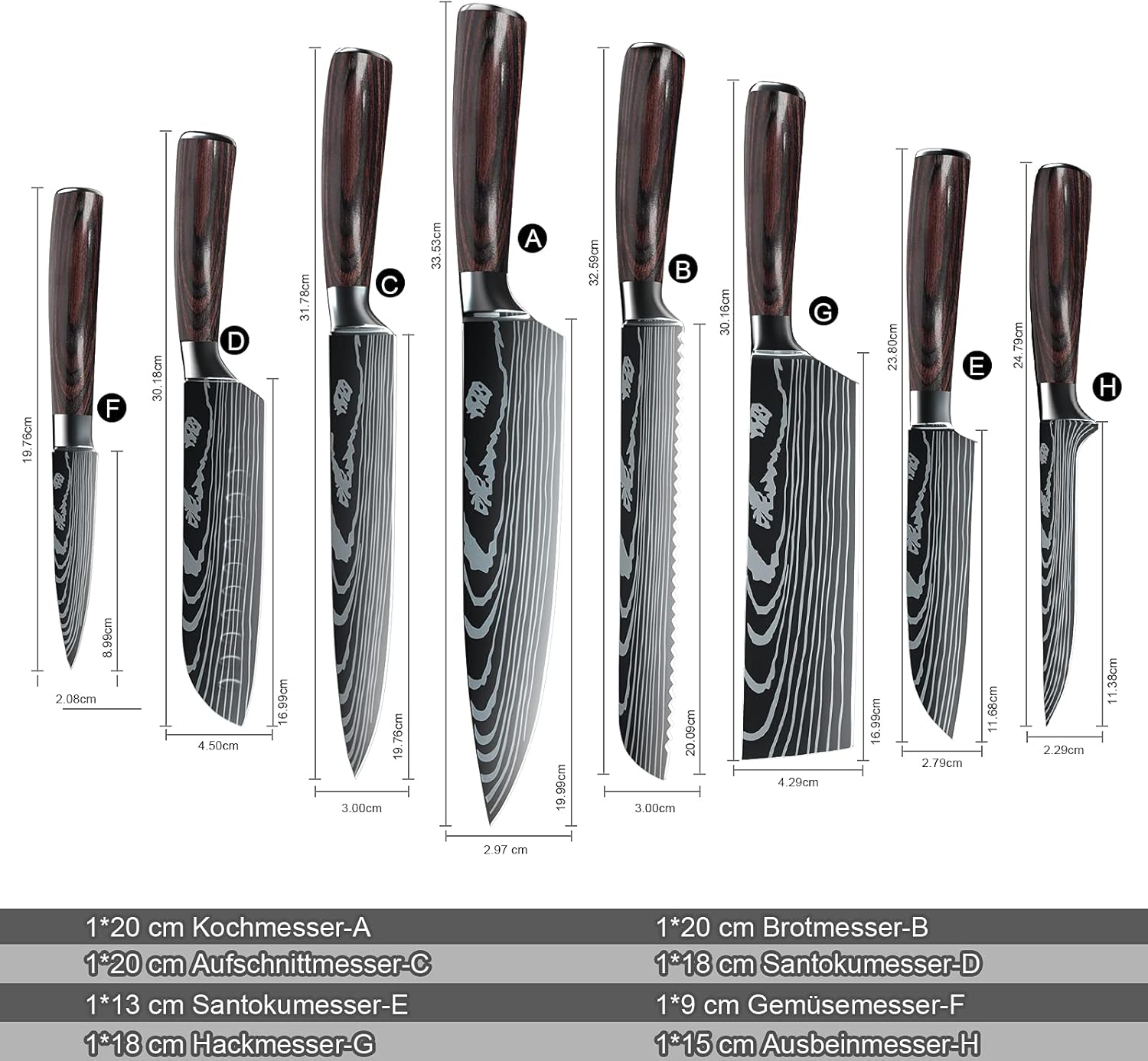 ZENG Couteau de Chef Couteau à Fileter Couteau Universel Couteau de Cuisine Tranchant en Acier Inoxydable Allemand Poignées Ergonomiques en Pakkawood pour la Maison et le Restaurant (8pcs)