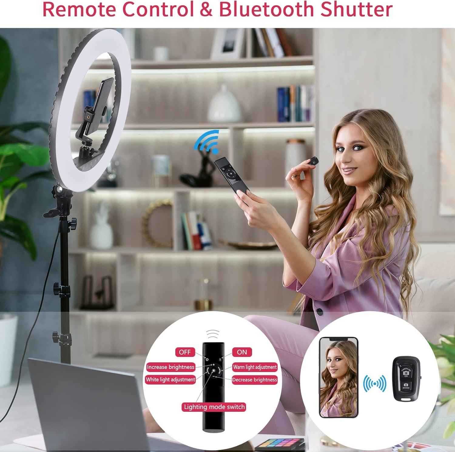 Anneau lumineux LED amélioré de 45.7 cm avec trépied, Anneau Lumineux pour Selfie avec écran Tactile pour Maquillage Studio Portrait Youtube Vlog vidéo avec télécommande, CRI> 90