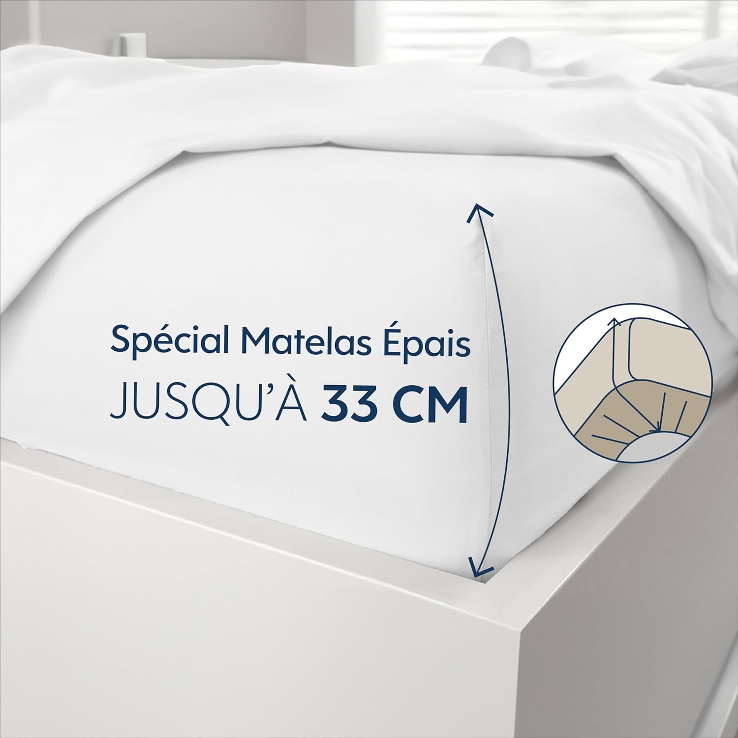 Dreamzie Drap Housse 140x190/200 cm pour Matelas Épais jusqu'à 33 cm - 100% Polyester Microfibre - Blanc Certifié sans Produits Chimiques (Oeko TEX), Drap Housse avec Élastique Complet
