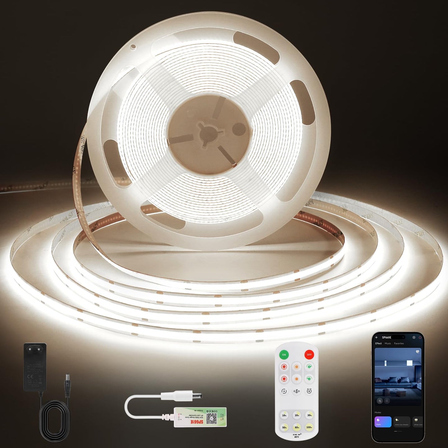 ACELUMO Ruban LED COB 5m, Ruban LED Blanc Chaud avec Smart App et Telecommande, Fonction Minuterie, Couleur Dynamique, Mode Musique pour Mural, TV, Cuisine Salon, 3000K