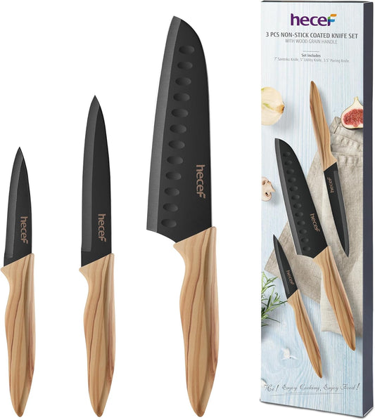 hecef Set de 3 Couteaux de Cuisine Professionnels en Acier Inoxydable – Set Couteau Cuisine inclure Couteau de Chef, Utilitaire, d’Office, Manche Ergonomique, Série Rétro
