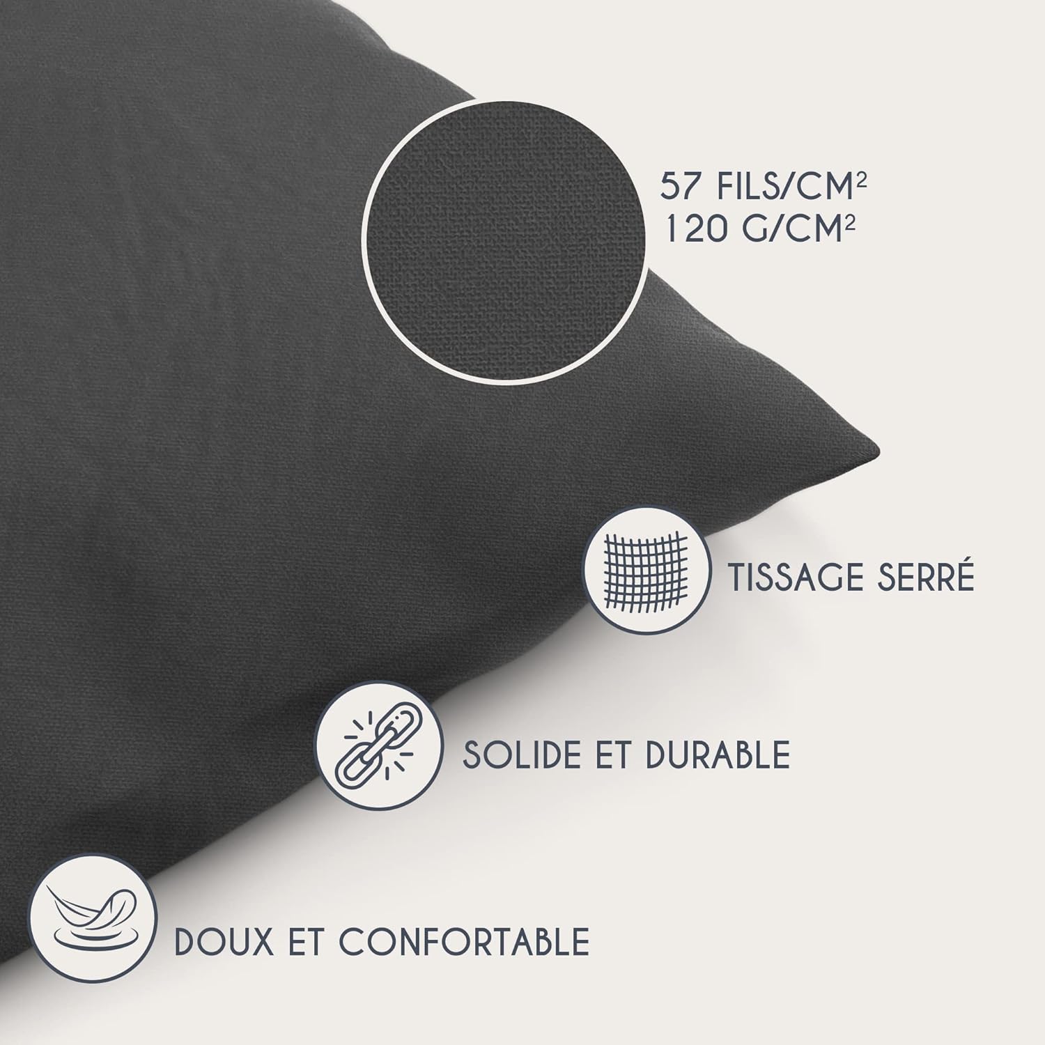 Taie Oreiller 60x60 Coton Renforcé (Set de 2) - Anthracite - Tissage serré de 57 Fils/cm² - Taie Oreiller 60 x 60 cm- Certifié Oeko Tex