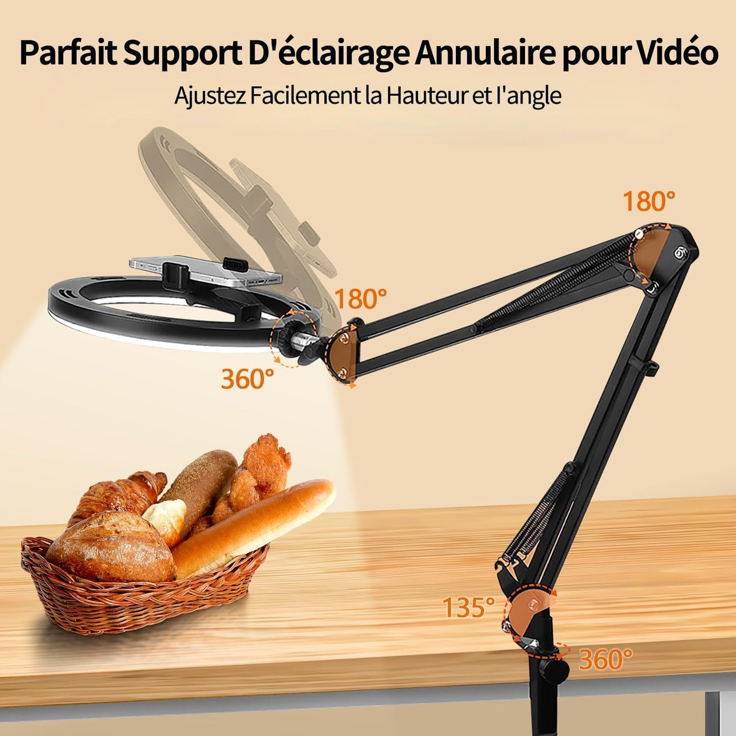 yAyusi 10" Ring Light avec Trépied pour Bureau, Ring Light Telephone LED avec Support et Support de Téléphone, Flexible Support de Caméra, Dimmable Anneau Lumineux Trepied pour Conférence Vidéo/TikTok