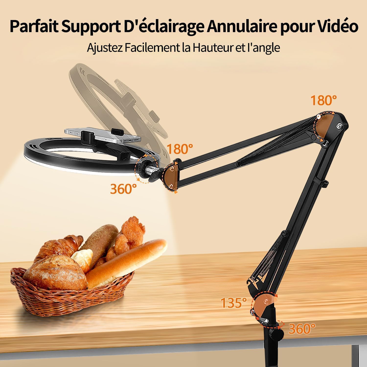 yAyusi 10" Ring Light avec Trépied pour Bureau, Ring Light Telephone LED avec Support et Support de Téléphone, Flexible Support de Caméra, Dimmable Anneau Lumineux Trepied pour Conférence Vidéo/TikTok