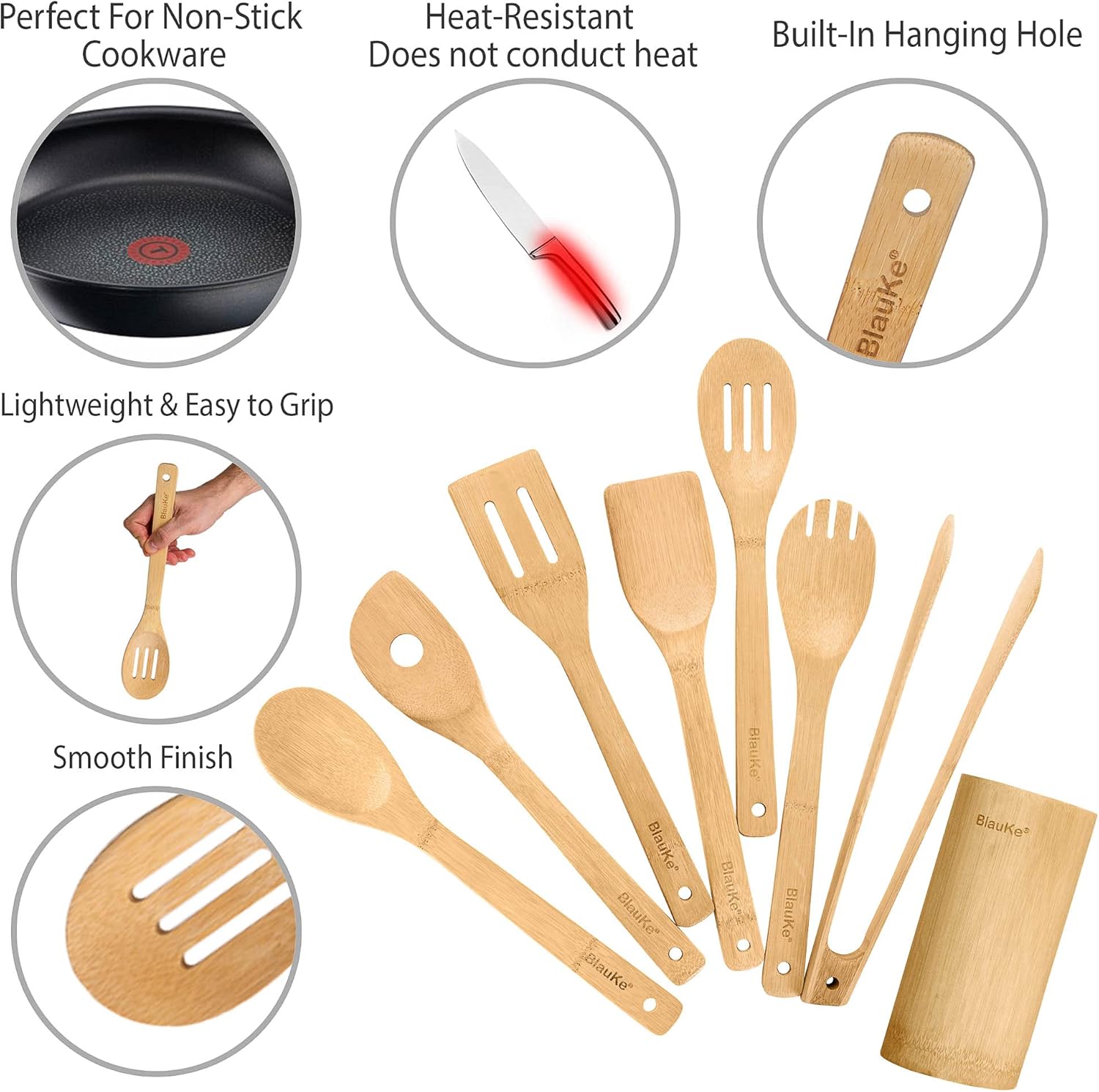 Ustensiles De Cuisine En Bois De Bambou – Set de 8 Accessoires de Cuisine (Raclette, Palettes, Cuillère, Spatule en Bois, Pince, Porte) – Ensemble de Spatules De Cuisine En Bambou Écologiques Naturels