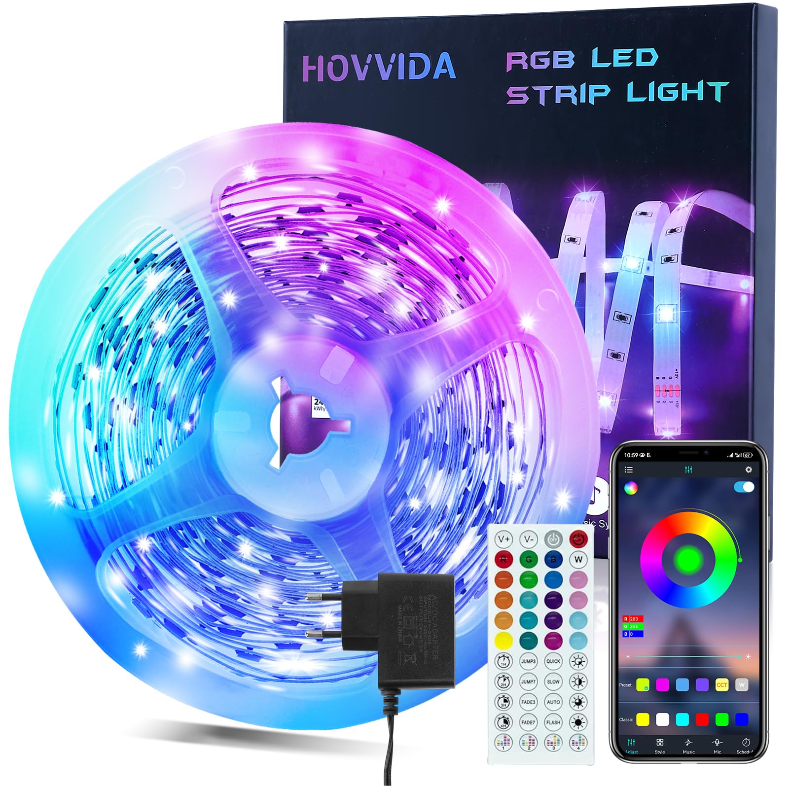 HOVVIDA Ruban LED 5M, 30 LED/Mètre, 24V RVB Bande LED, 150 LED, APP et Télécommande, Synchronisation de la Musique, Mode Minuterie, pour Chambre, Salle de Jeux, Fête, Festival