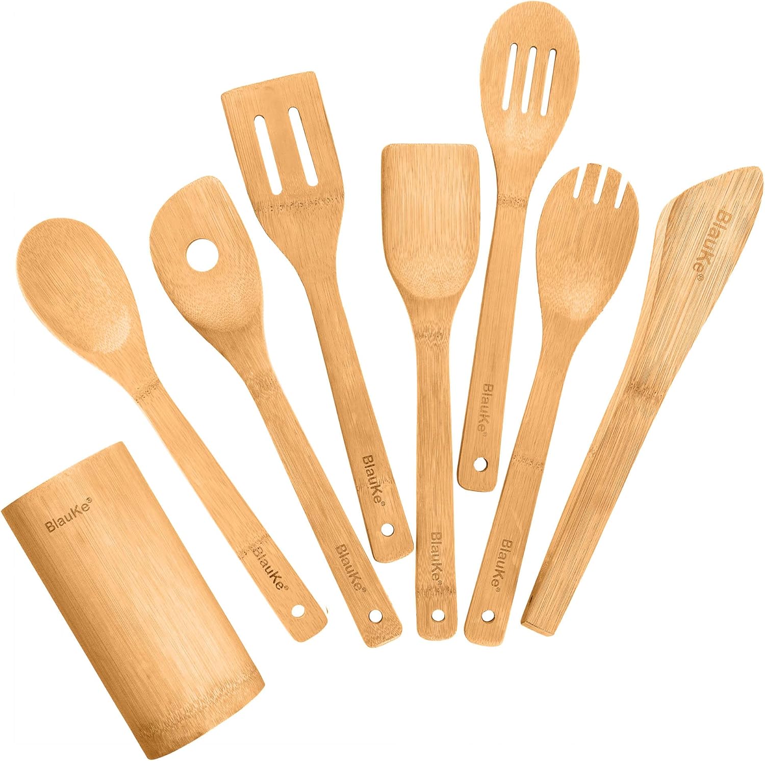 Ustensiles De Cuisine En Bois De Bambou – Set de 8 Accessoires de Cuisine (Raclette, Palettes, Cuillère, Spatule en Bois, Pince, Porte) – Ensemble de Spatules De Cuisine En Bambou Écologiques Naturels