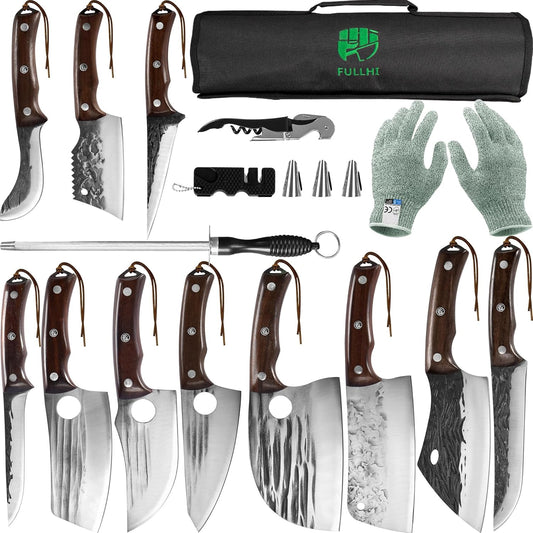 FULLHI Lot de 17 couteaux Metzger Chef comprenant fourreau en acier au carbone et couteau de cuisine complet Tang légume Cleaver Home BBQ Camping avec sac à couteaux