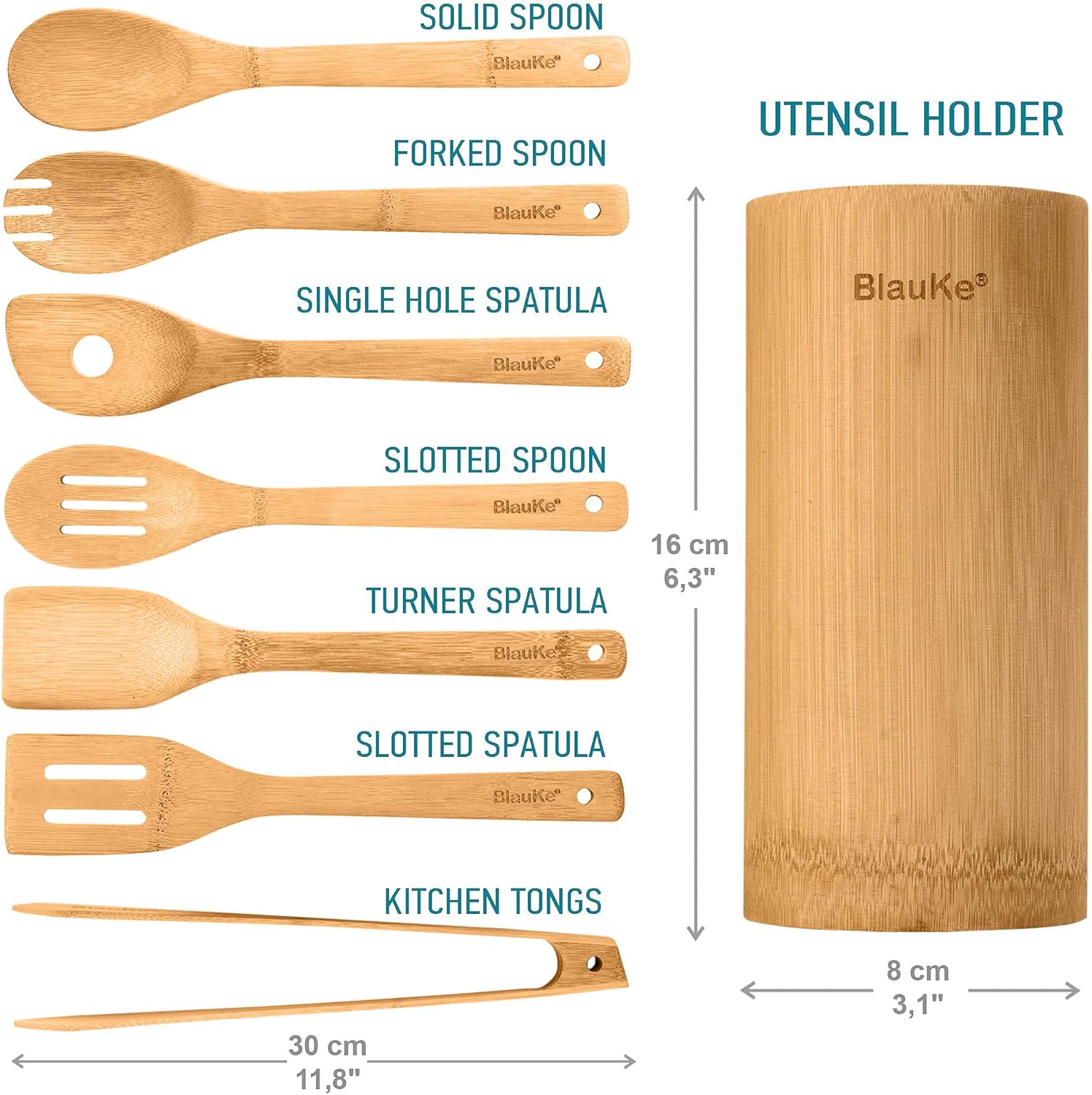 Ustensiles De Cuisine En Bois De Bambou – Set de 8 Accessoires de Cuisine (Raclette, Palettes, Cuillère, Spatule en Bois, Pince, Porte) – Ensemble de Spatules De Cuisine En Bambou Écologiques Naturels