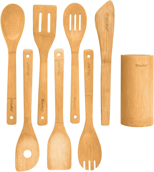 Ustensiles De Cuisine En Bois De Bambou – Set de 8 Accessoires de Cuisine (Raclette, Palettes, Cuillère, Spatule en Bois, Pince, Porte) – Ensemble de Spatules De Cuisine En Bambou Écologiques Naturels