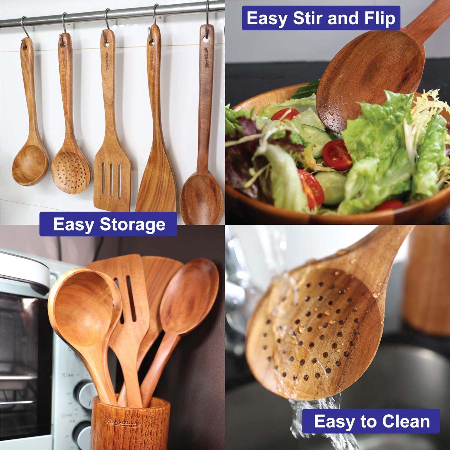 StarBlue Lot de 6 ustensiles de cuisine en bois d'acacia – Spatules anti-rayures et durables pour ustensiles de cuisine antiadhésifs – Spatule en bois écologique et ergonomique et support de poêle
