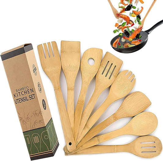 Lot de 8 Ustensiles de Cuisine en Bambou, Cuillères et Spatules en Bois, Anti-adhésifs et Wok, Spatule Pelle, Ensemble D'ustensiles de Cuisine Résistant à la Chaleur Outils Cuillère Spatule