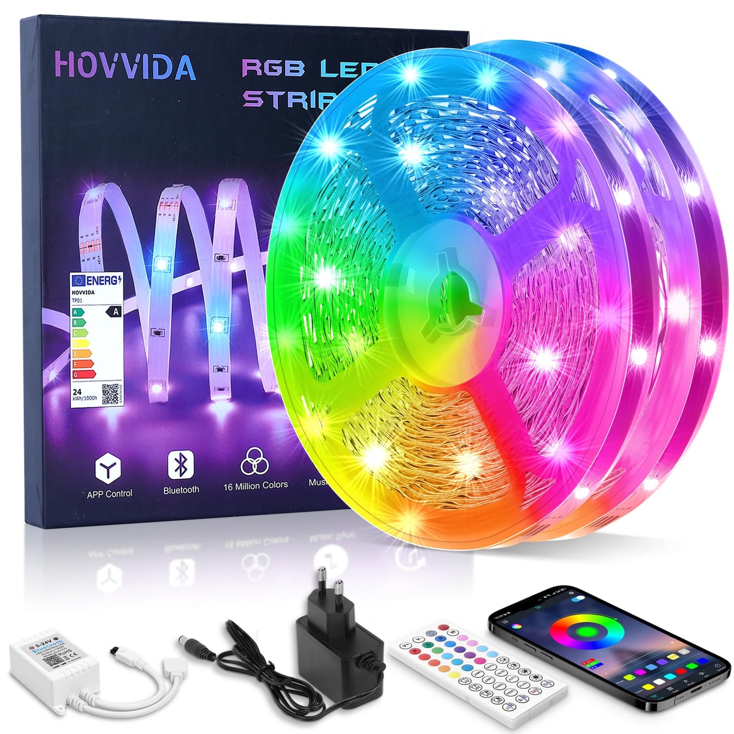 HOVVIDA Ruban LED 5M, 30 LED/Mètre, 24V RVB Bande LED, 150 LED, APP et Télécommande, Synchronisation de la Musique, Mode Minuterie, pour Chambre, Salle de Jeux, Fête, Festival