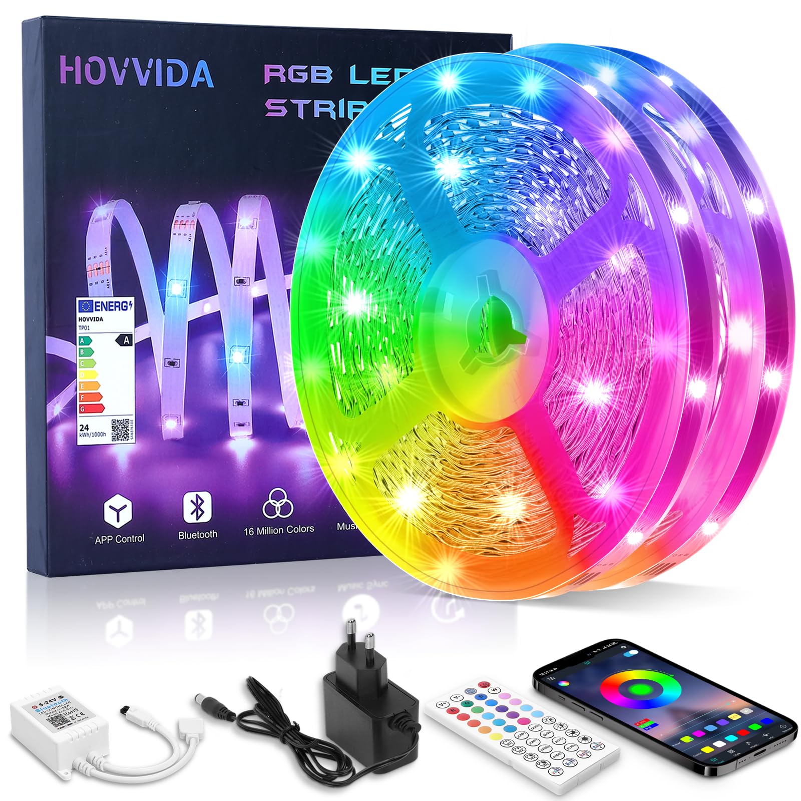 HOVVIDA Ruban LED 5M, 30 LED/Mètre, 24V RVB Bande LED, 150 LED, APP et Télécommande, Synchronisation de la Musique, Mode Minuterie, pour Chambre, Salle de Jeux, Fête, Festival