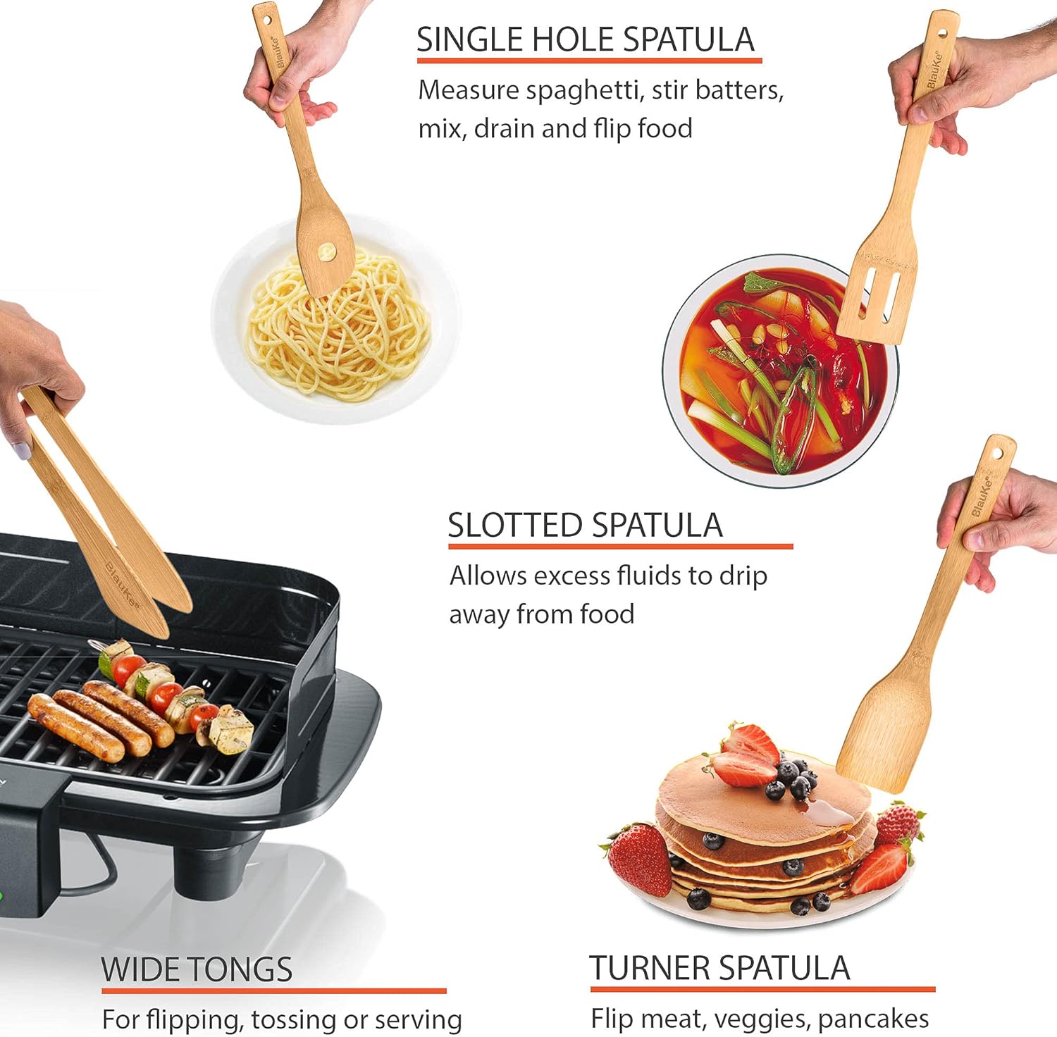 Ustensiles De Cuisine En Bois De Bambou – Set de 8 Accessoires de Cuisine (Raclette, Palettes, Cuillère, Spatule en Bois, Pince, Porte) – Ensemble de Spatules De Cuisine En Bambou Écologiques Naturels