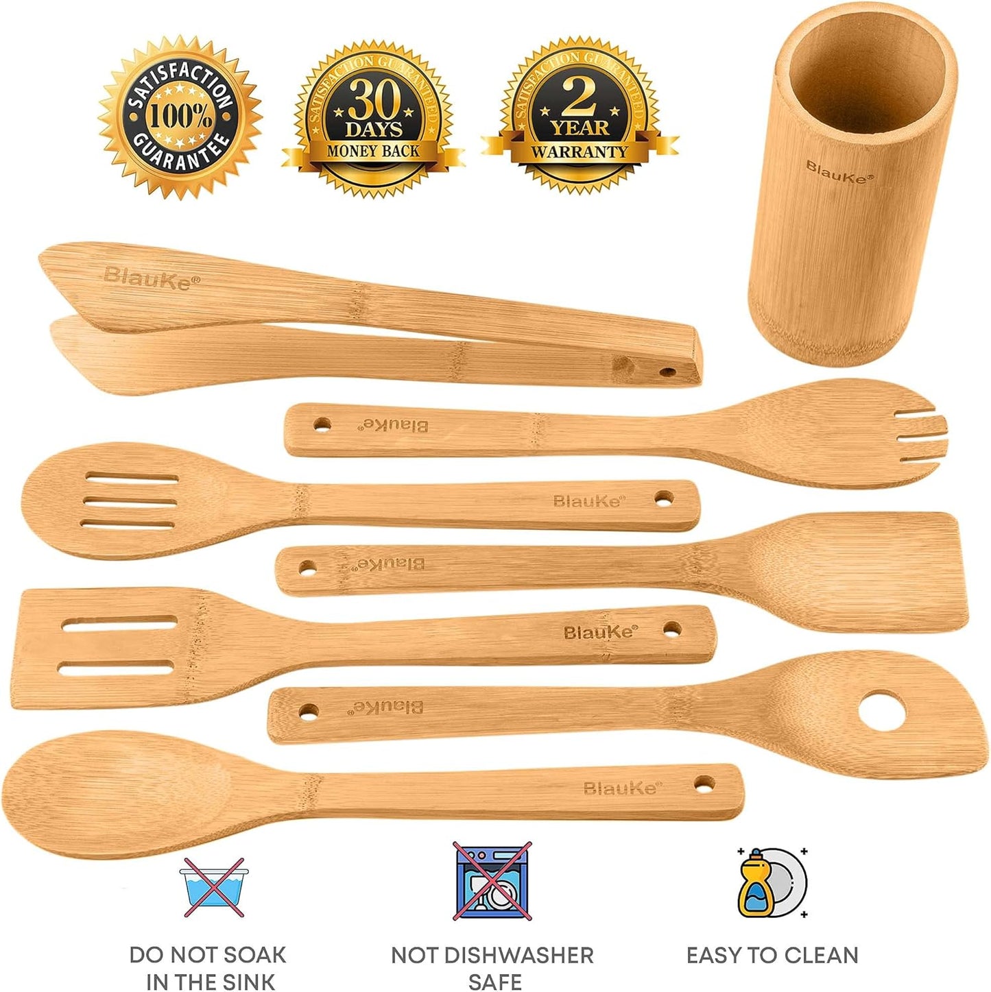 Ustensiles De Cuisine En Bois De Bambou – Set de 8 Accessoires de Cuisine (Raclette, Palettes, Cuillère, Spatule en Bois, Pince, Porte) – Ensemble de Spatules De Cuisine En Bambou Écologiques Naturels
