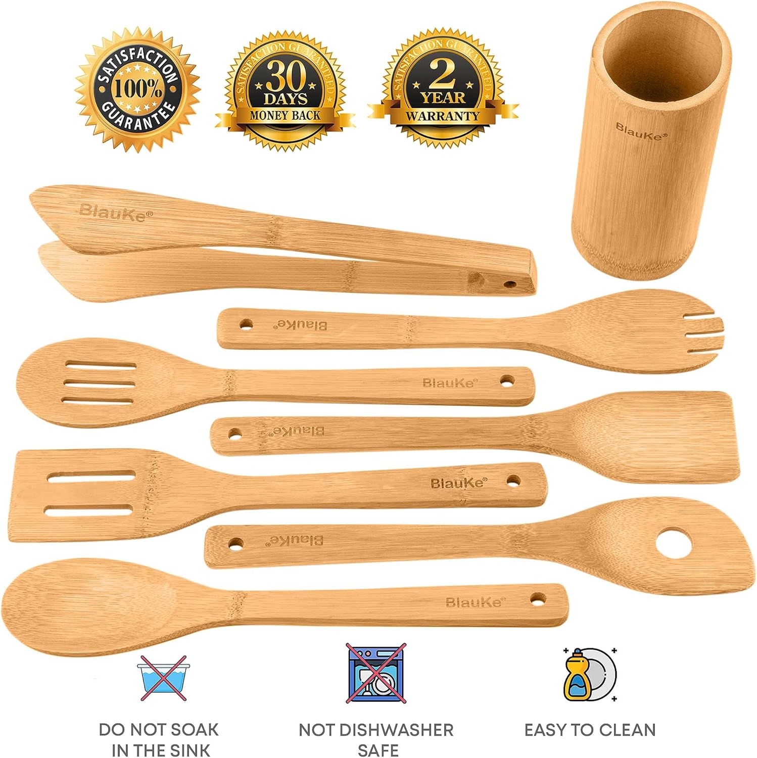 Ustensiles De Cuisine En Bois De Bambou – Set de 8 Accessoires de Cuisine (Raclette, Palettes, Cuillère, Spatule en Bois, Pince, Porte) – Ensemble de Spatules De Cuisine En Bambou Écologiques Naturels