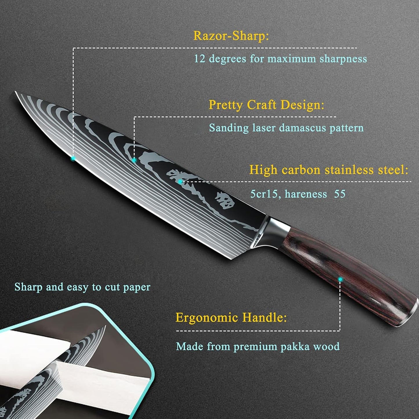 ZENG Couteau de Chef Couteau à Fileter Couteau Universel Couteau de Cuisine Tranchant en Acier Inoxydable Allemand Poignées Ergonomiques en Pakkawood pour la Maison et le Restaurant (8pcs)