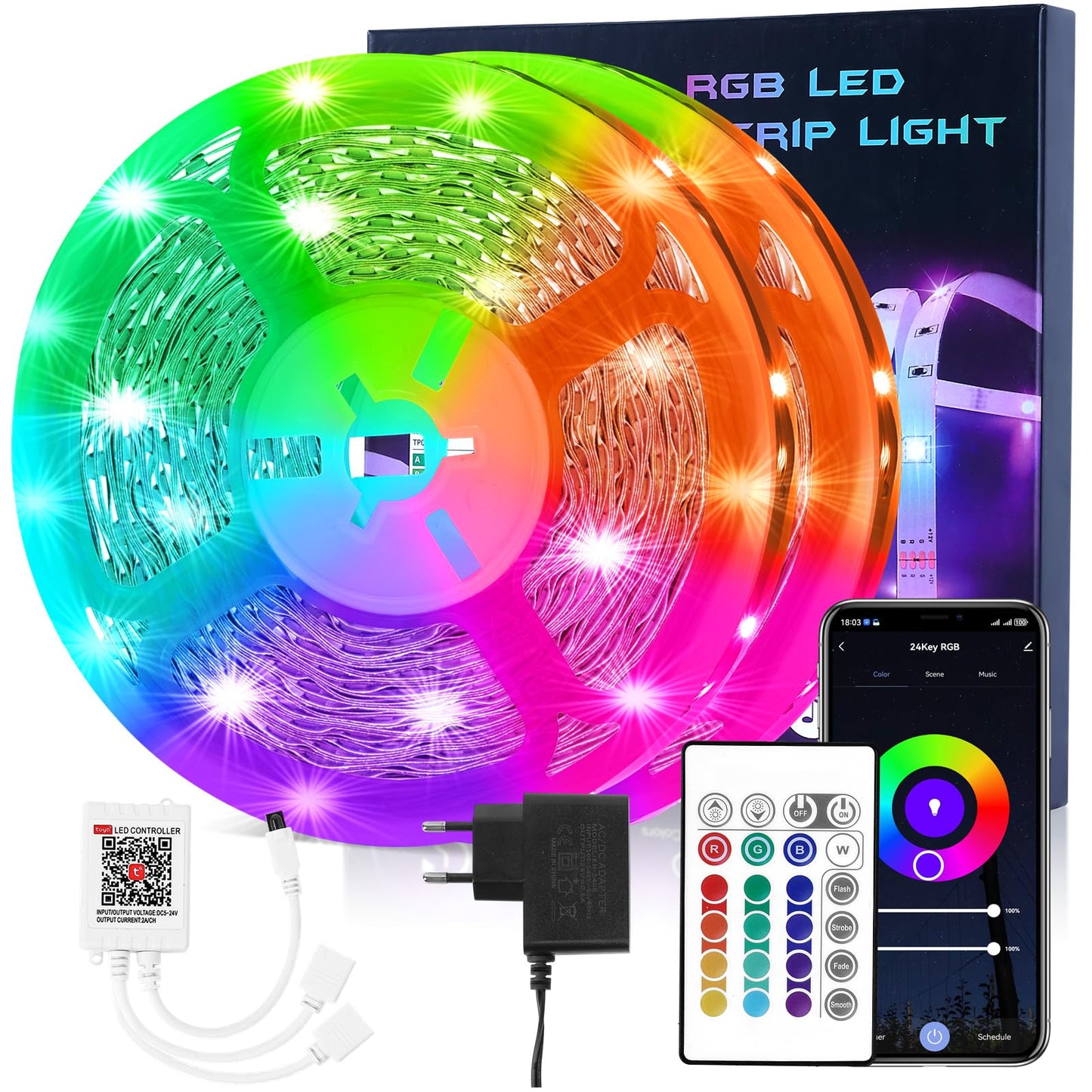 HOVVIDA Ruban LED 5M, 30 LED/Mètre, 24V RVB Bande LED, 150 LED, APP et Télécommande, Synchronisation de la Musique, Mode Minuterie, pour Chambre, Salle de Jeux, Fête, Festival
