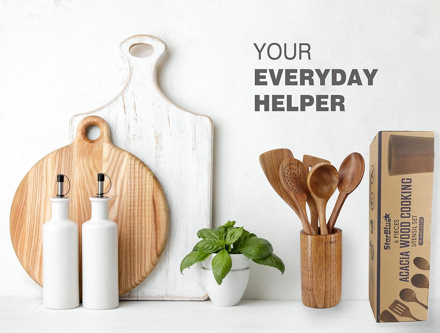 StarBlue Lot de 6 ustensiles de cuisine en bois d'acacia – Spatules anti-rayures et durables pour ustensiles de cuisine antiadhésifs – Spatule en bois écologique et ergonomique et support de poêle