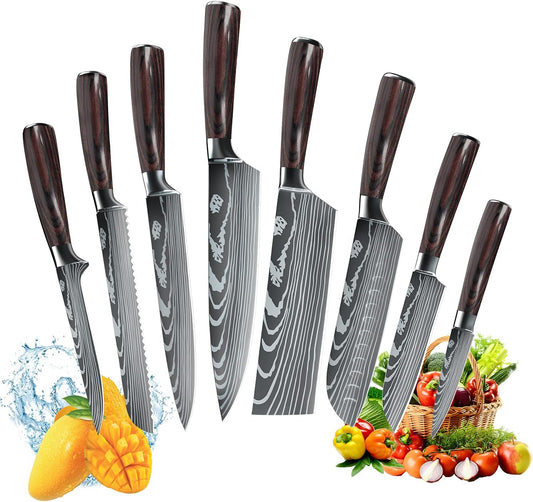 ZENG Couteau de Chef Couteau à Fileter Couteau Universel Couteau de Cuisine Tranchant en Acier Inoxydable Allemand Poignées Ergonomiques en Pakkawood pour la Maison et le Restaurant (8pcs)