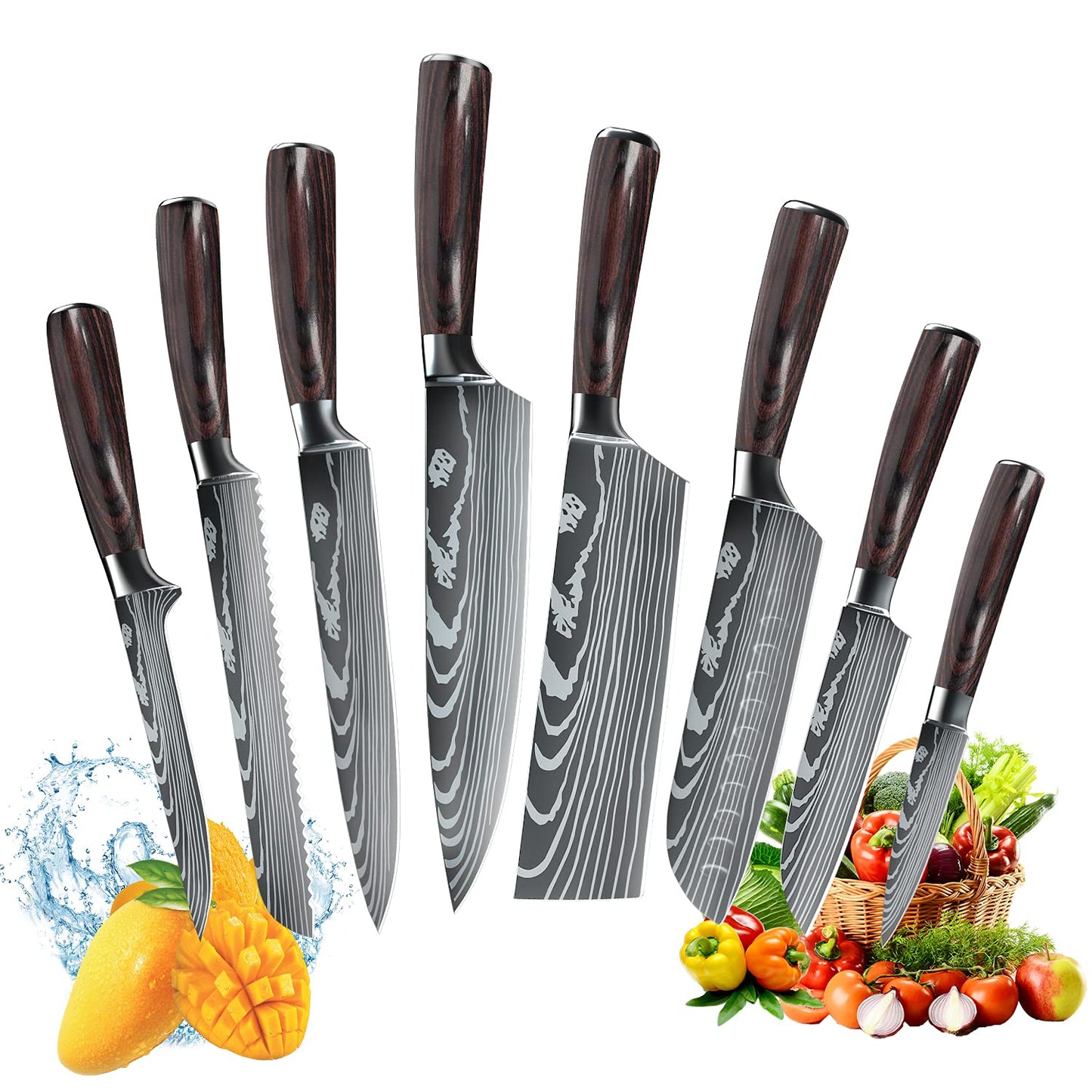ZENG Couteau de Chef Couteau à Fileter Couteau Universel Couteau de Cuisine Tranchant en Acier Inoxydable Allemand Poignées Ergonomiques en Pakkawood pour la Maison et le Restaurant (5pcs)