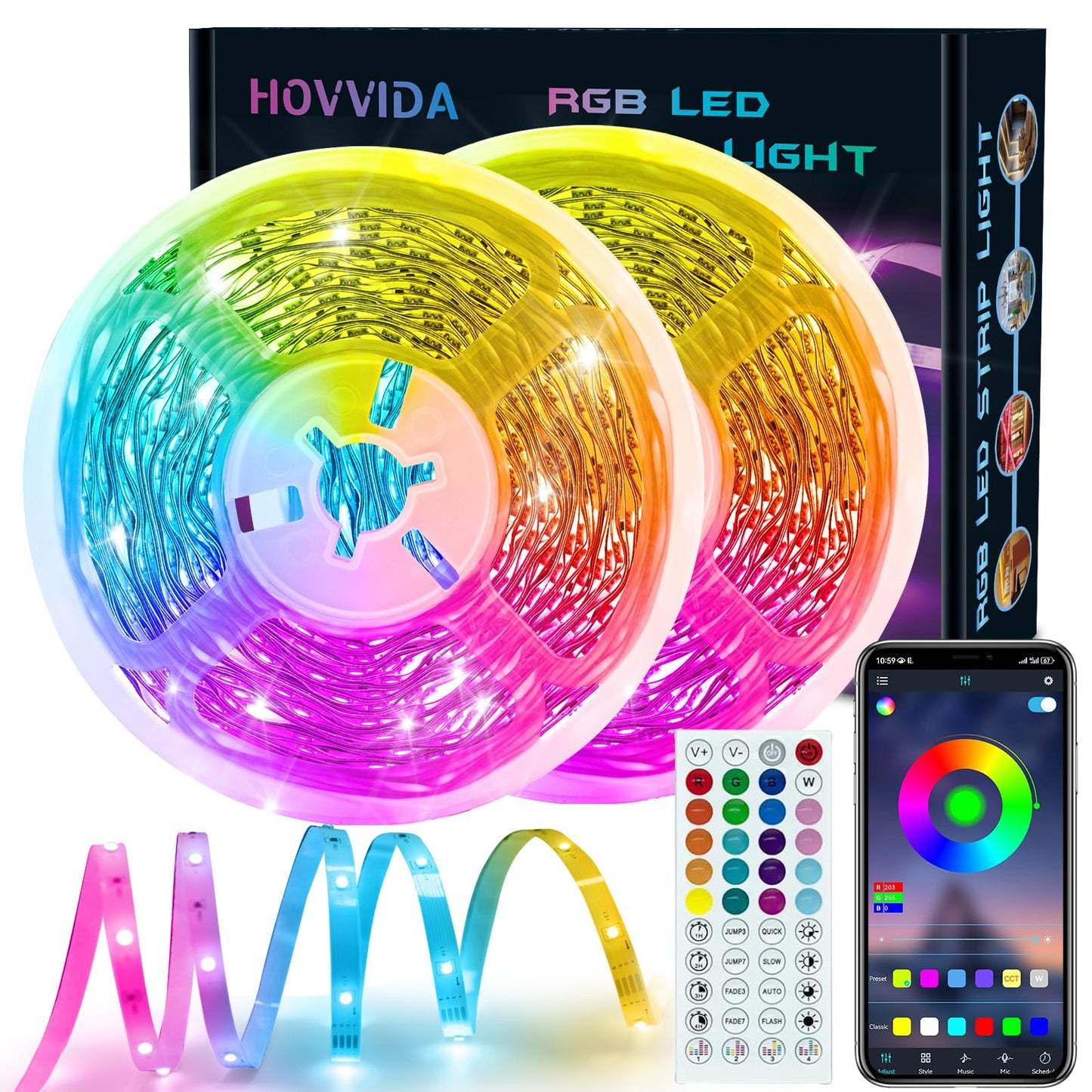 HOVVIDA Ruban LED 5M, 30 LED/Mètre, 24V RVB Bande LED, 150 LED, APP et Télécommande, Synchronisation de la Musique, Mode Minuterie, pour Chambre, Salle de Jeux, Fête, Festival