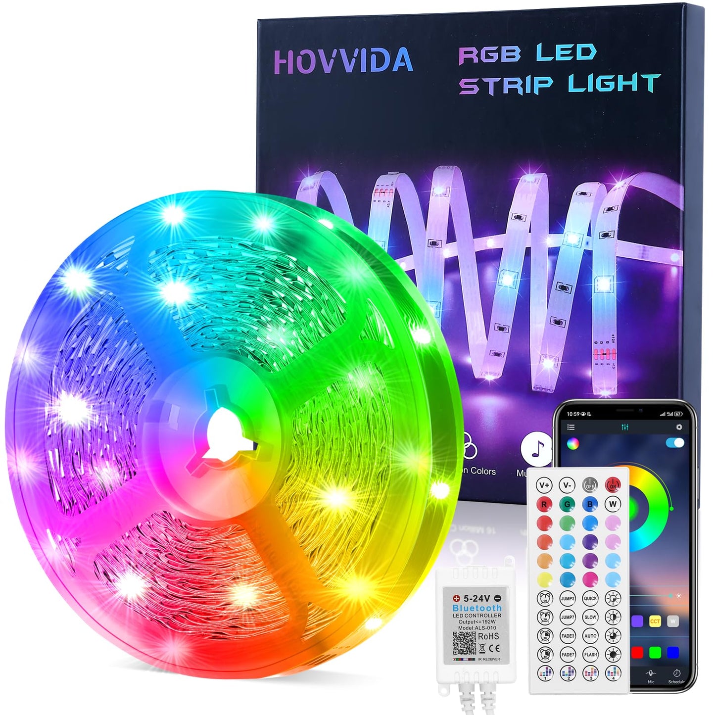 HOVVIDA Ruban LED 5M, 30 LED/Mètre, 24V RVB Bande LED, 150 LED, APP et Télécommande, Synchronisation de la Musique, Mode Minuterie, pour Chambre, Salle de Jeux, Fête, Festival
