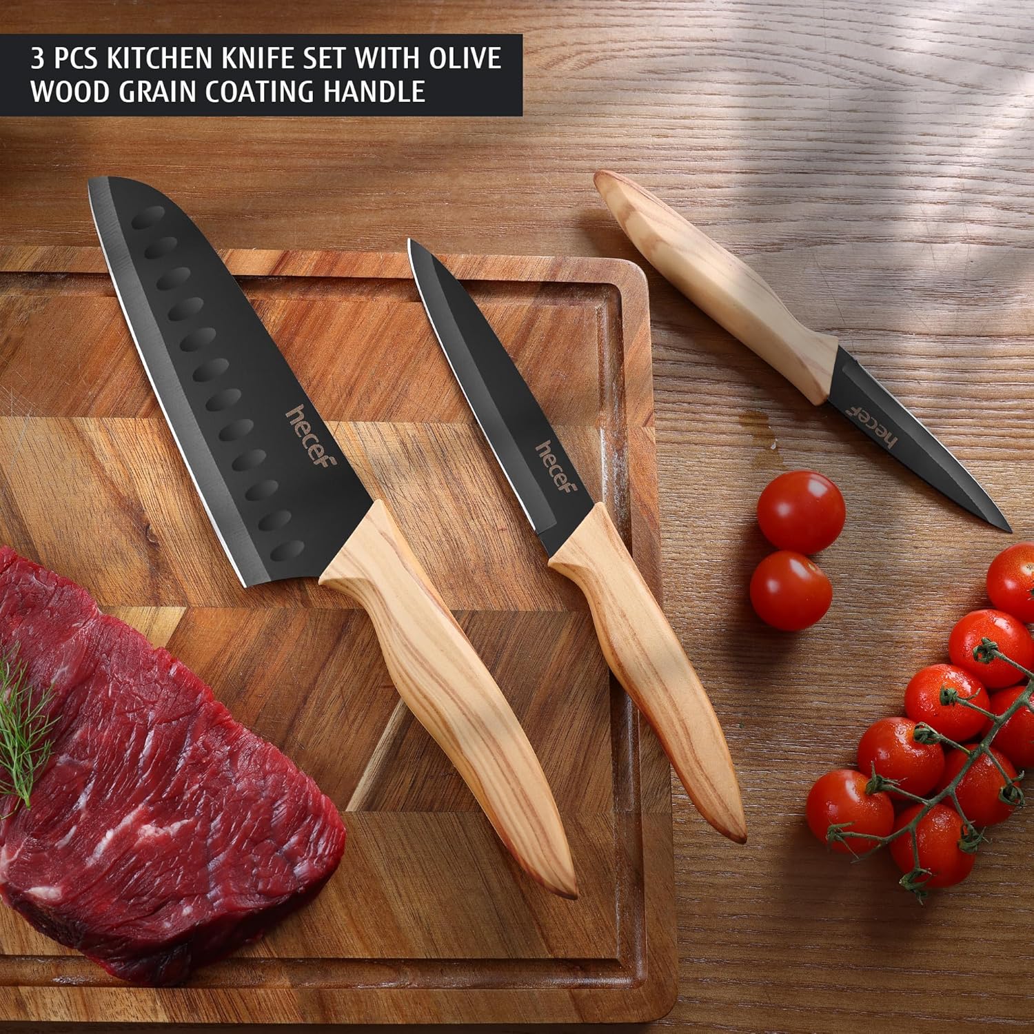hecef Set de 3 Couteaux de Cuisine Professionnels en Acier Inoxydable – Set Couteau Cuisine inclure Couteau de Chef, Utilitaire, d’Office, Manche Ergonomique, Série Rétro