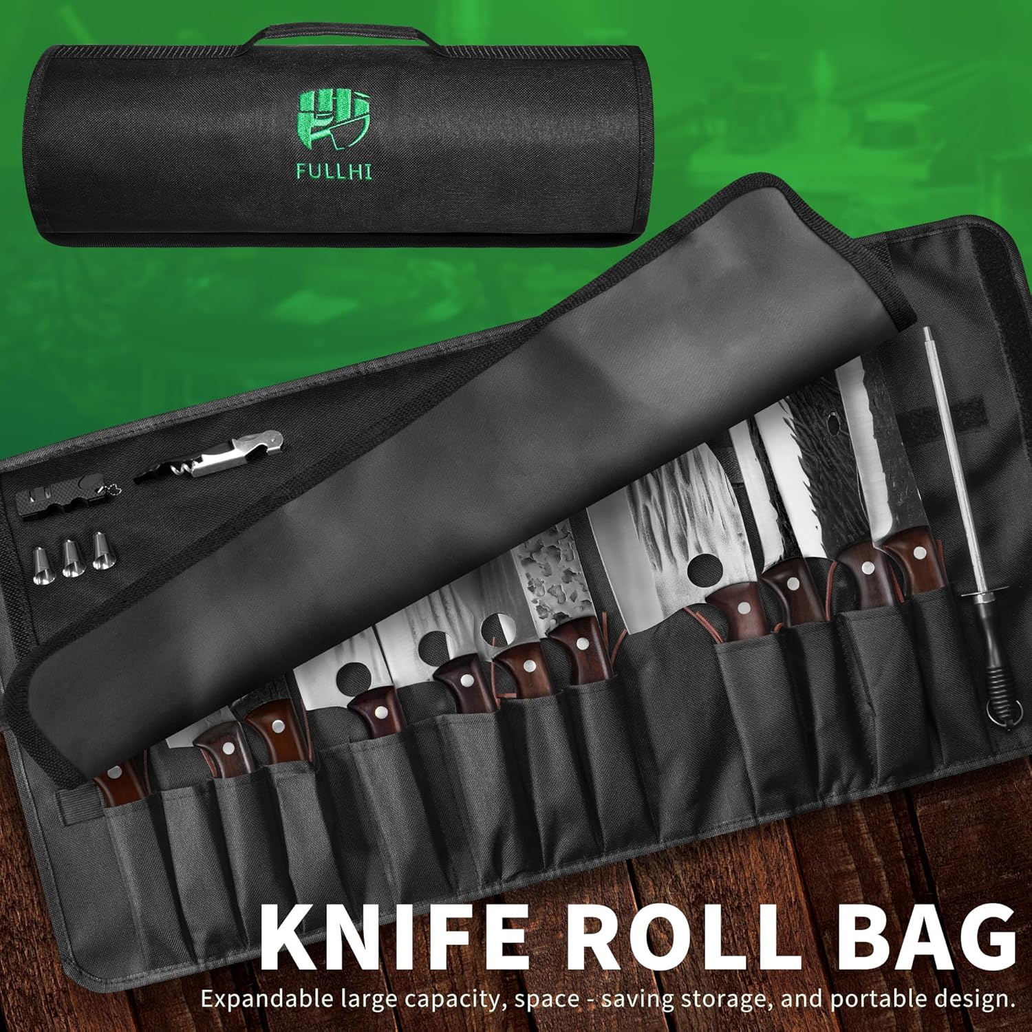 FULLHI Lot de 17 couteaux Metzger Chef comprenant fourreau en acier au carbone et couteau de cuisine complet Tang légume Cleaver Home BBQ Camping avec sac à couteaux